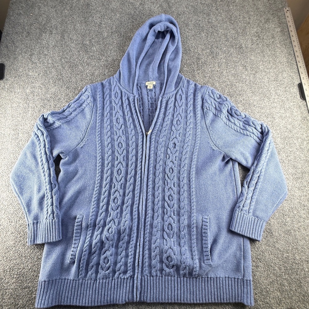 LL Bean Womens 2X Blue Cable Knit Full Zip Hooded Cardigan Sweater Pockets